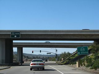 California 23 passes under the Moorpark Freeway / Simi Valley Freeway. Ahead, Los Angeles Avenue travels west toward downtown Moorpark. Turn left at the next traffic signal to connect to California 23 south back to Thousand Oaks.