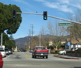 Northbound California 23 (A Street) meets California 126 (Ventura Street) at this traffic signal. This intersection marks the northern terminus of California 23, but no end shield is posted here. To the north, A Street connects to Old Telegraph Road (an old alignment of California 126 west) and eventually changes into Goodenough Road as it travels north alongside Sespe Creek.