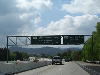 The final three exits along the southbound Moorpark Freeway are: Exit 13, Hillcrest Drive and Thousand Oaks Boulevard; Exit 12B, U.S. 101 (Ventura Freeway) north (west) to Oxnard and Ventura; and Exit 12A, U.S. 101 (Ventura Freeway) south (east) to Los Angeles and California 23 south to Malibu. While California 23 is a true north-south route here, U.S. 101 travels almost due east-west through Thousand Oaks.