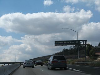 Southbound California 23 (Moorpark Freeway) reaches Exit 16, Sunset Hills Boulevard.