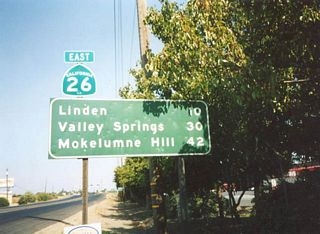 Eastbound California 26 after a mileage sign east of Stockton.
