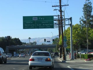 Northbound California 27 next approaches U.S. 101, which travels north (west) to Ventura and Santa Barbara and south (east) to Los Angeles. U.S. 101 travels almost perfectly east-west along the southern edge of the San Fernando Valley parallel to Ventura Boulevard.