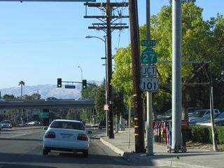 A shield assembly for California 27 and U.S. 101 is posted after the Ventura Boulevard intersection.
