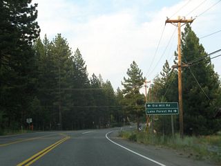 The next intersection along eastbound California 28 is with Old Mill Road and Lake Forest Road (loop route).