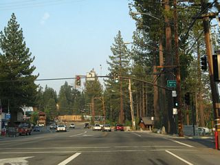A rare traffic signal governs the flow of traffic between California 28 and National Avenue.