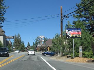 California 28 (North Tahoe Boulevard) changes into Nevada 28 (Lakeshore Boulevard) as the state route leaves California and enters Nevada. At this point, California 28 leaves Brockway and Nevada 28 enters Crystal Bay, Nevada. Several casinos are clustered around the state line, which is comparable to the view at South Lake Tahoe but in a much smaller scale.