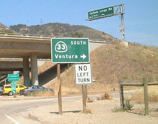 This California 33 freeway entrance shield assembly is posted near Casitas Springs (Exit 4).