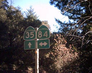 SR 35 (Skyline Boulevard) north converges with SR 84 (La Honda Road) at the unincorporated community of Sky Londa.