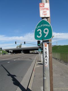 A street level California 39 reassurance shield is posted after the off-ramp from Interstate 405 south merges onto mainline California 39 north.