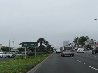 Southbound California 39 (Beach Boulevard) approaches Heil Avenue.