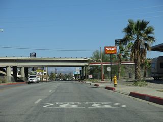 A painted shield for Historic U.S. 66 preceding R Street and the Interstate 40 over crossing was gone by 2018.