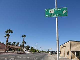 Needles Highway east to K Street north leads to the Colorado River and state line where Arizona State Route 95 commences north to Mohave Valley and Bullhead City.