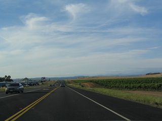 A vineyard lines the east side of California 41, which aims due north toward Yosemite National Park.