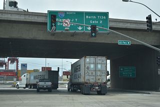 Interstate 710 ascends onto the Long Beach International Gateway east from the exchange with SR 47/103 (Terminal Island Freeway). The cable-stayed bridge replaced the Gerald Desmond Bridge. Photo take 07/09/18.
