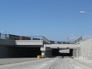 Alameda Street passes under a massive viaduct built in 2004 to support the Alameda Corridor and Union Pacific Railroad.