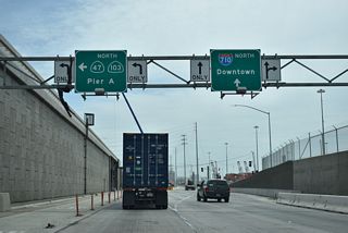 The entrance ramp from the south end of Terminal Island Freeway to I-710 also connects with Pier T Avenue for Piers B through J and Pier T.