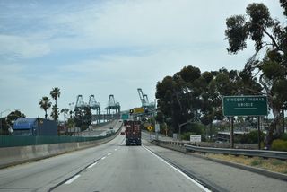 Ramps with Harbor Boulevard tie into the western approach of the Vincent Thomas Bridge.