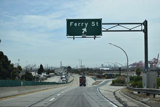 Exit 1 B loops away from SR 47 (Seaside Freeway) to Ferry Street on Terminal Island. Ferry Street leads south to Terminal Way.