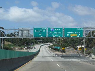 The final exits from SR 47 (Seaside Freeway) west connect with Interstate 110 (Harbor Freeway) north and Gaffey Street south. With signs removed during the early 2000s, Gaffey Street was formerly part of SR 110 between SR 47 and Ninth Street.