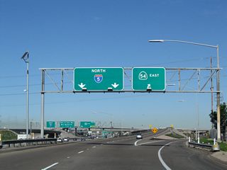 The left two lanes connect to Interstate 5 north, while the right lane links to California 54 east.