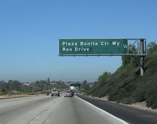 The next exit along California 54 west is Exit 3, Plaza Bonita Center Way south and Reo Drive north. Plaza Bonita is a shopping center situated on the southeastern quadrant of the Interstate 805 and California 54 interchange.