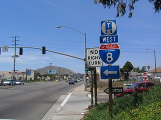 The replacement for the SR 54 end sign assembly was this marker for Interstate 8 west. This assembly was removed by 2011.