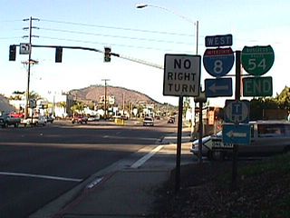 Removed by 2005, this end shield for SR 54 Business was posted along 2nd Street north at the westbound entrance ramp for Interstate 8. 2nd Street at I-8 also represents the north end of San Diego County Route S-17, but the county route is unsigned north of SR 94.