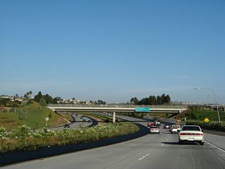 The planted median (consisting mostly of oleander) has grown substantially since it was first planted in 2004. This view shows the freeway looking east from the Camino del Sur interchange.