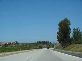 A tall eucalyptus tree dominates the view as California 56 descends toward the Camino del Sur interchange and McGonigle Canyon. The homes of the Park Village neighborhood line the south side of the freeway.