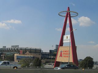 Looking west from the 57 freeway is this view of Angel Stadium.