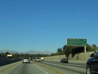 The two exits along northbound California 57 (Orange Freeway) are Exit 15, Pathfinder Road and Exit 16, California 60 (Pomona Freeway) west to Los Angeles. After that exit, California 57 north and California 60 east merge, and they have a shared exit at Grand Avenue. California 60 is the superior route, so Grand Avenue is Exit 24B based on that route's mileage.