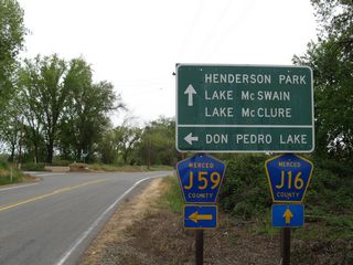 Both Merced County J-16 (Merced Falls Road) and Merced County J-59 (La Grange Road) are signed at the north end of California 59, but there is no end shield for California 59 as J-59 is assumed to continue the northbound journey toward Sonora.