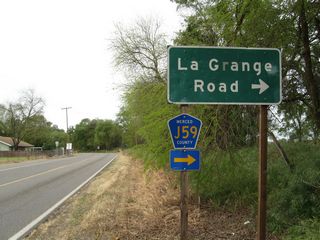 Approaching Snelling, westbound Merced County J-16 (Merced Falls Road) approaches Merced County J-59 (La Grange Road) north and California 59 south. This intersection marks the northern terminus of California 59. Turn right on La Grange Road for J-59 north to Jamestown and Sonora. Continue ahead for California 59 south to Merced and Merced County J-16 west to Keyes.