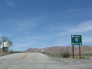 Interstate 10 travels east from Cottonwood Springs Road to Blythe and Phoenix, Arizona.