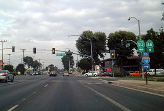 Eastbound California 66 (Foothill Boulevard) meets California 83 (Euclid Avenue) at this signalized intersection in Upland.