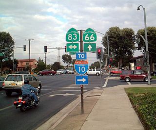 These route markers were replaced as of 2010. These trailblazers are just about the only shields for either California 66 or California 83 in Upland.