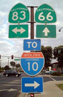 California 83 is also very poorly signed for its entire route in Upland, with the only trailblazer located at this intersection and at Interstate 10.  There are few, if any, remaining reassurance markers along Euclid Avenue itself.