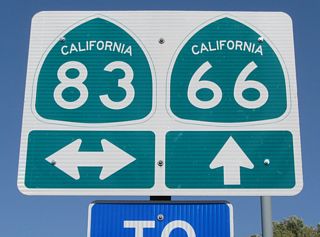 It is implied that California 83 travels north from this intersection along Euclid Avenue, ending at the former California 30 intersection. As there is no interchange with California 210, California 83 is not assumed to extend any further north than old California 30. However, this trailblazer confirms that California 83 is still active north of California 66.