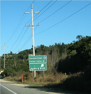 After California 1 and California 68 split near Seaside, eastbound California 68 approaches Monterey County G-20 (Laureles Grade Road) south.
