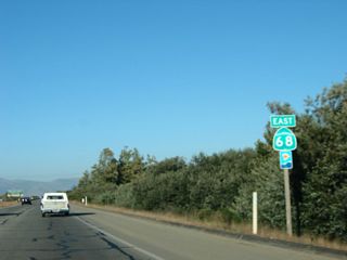 This California 68 shield is located after the Reservation Road on-ramp (Exit 20).