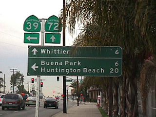 California 72 begins from the intersection with California 39 (Beach Boulevard) in La Habra. Photo taken 07/99.
