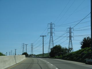 La Pata Avenue south en route to the county landfill. Adjacent Southern California Edison and San Diego Gas & Electric power lines lead toward San Onofre Nuclear Generating Station.