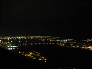 This view of the San Diego-Coronado Bay Bridge is taken from the Grand Hyatt hotel's 40th floor "Top of the Hyatt" bar.