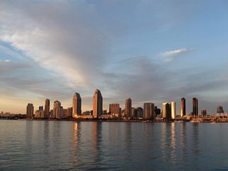 Looking toward downtown San Diego's skyline from Centennial Park near the Coronado Ferry Landing, a light cloud cover provided dramatic lighting.