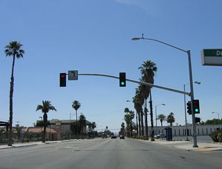 Westbound Main Street meets Third Street in Brawley.