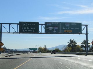 The right lane drops at Exit 5 for Interstate 280 (Sinclair Freeway). I-280 travels north to Cupertino, Los Altos Hills, and ultimately San Francisco. East from SR 87, I-280 advances around three miles to the major U.S. 101/I-680 interchange. At that point, U.S. 101 south leads toward Gilroy and ultimately Los Angeles. I-680 travels north to Sacramento via I-80 east.