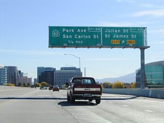 Southbound California 87 (Guadalupe Parkway) reaches Exit 6B, Julian Street. The next exit along southbound is Exit 6A, Park Avenue and California 82 (West San Carlos Street). Note the California 82 shield contains the state name, which is a bit unusual in the new generation of reflective signs that have been placed in the early to mid-2000s.