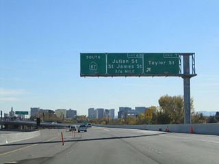 Southbound California 87 (Guadalupe Parkway) reaches Exit 7, Taylor Street. The next exit along southbound is Exit 6B, Julian Street.