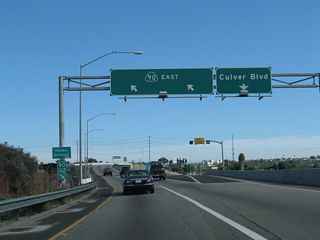 Eastbound California 90/Marina Expressway meets Exit 1A, Culver Boulevard. Like Mandanao Way, Culver Boulevard travels southwest to northeast, and it connects California 1, California 90, Centinela Avenue, and California 187 (Venice Boulevard). Use Culver Boulevard northeast to the northern part of Culver City; continue east on California 90 for the southern part of Culver City, including Fox Hills.