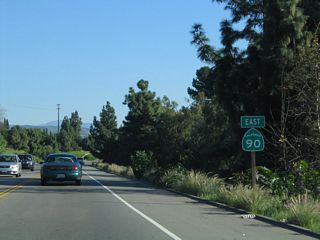 A California 90 east reassurance shield is posted after the on-ramp from Kellogg Drive on eastbound Imperial Highway. Back in 2005, the highway was only two lanes between Kellogg Drive and Orangethorpe Avenue, but this segment has since been widened.
